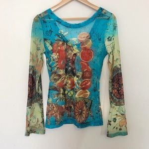 ISO save the queen blue and oranges horse carriage graphic print mesh top size S